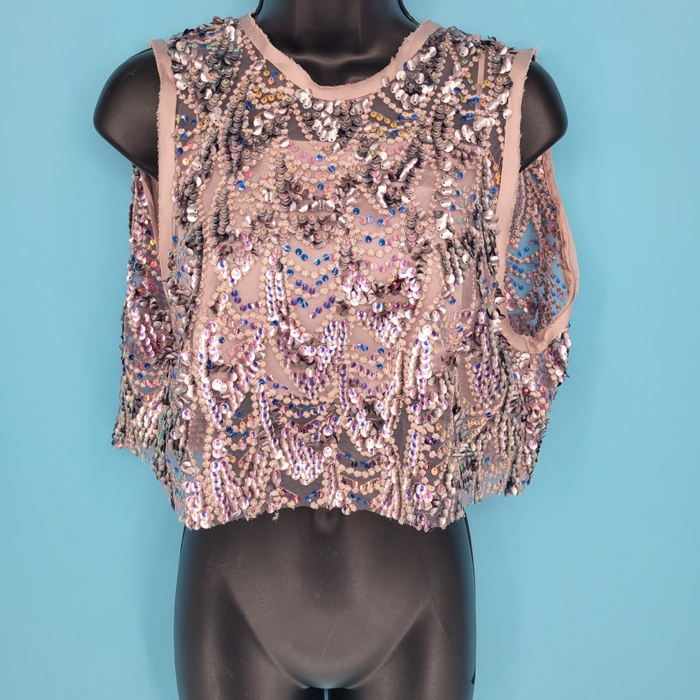 NWT ZARA Embellished Sequin Blouse Top Tank Cropped Sheer Beaded Pastel Sparkly - Picture 2 of 12